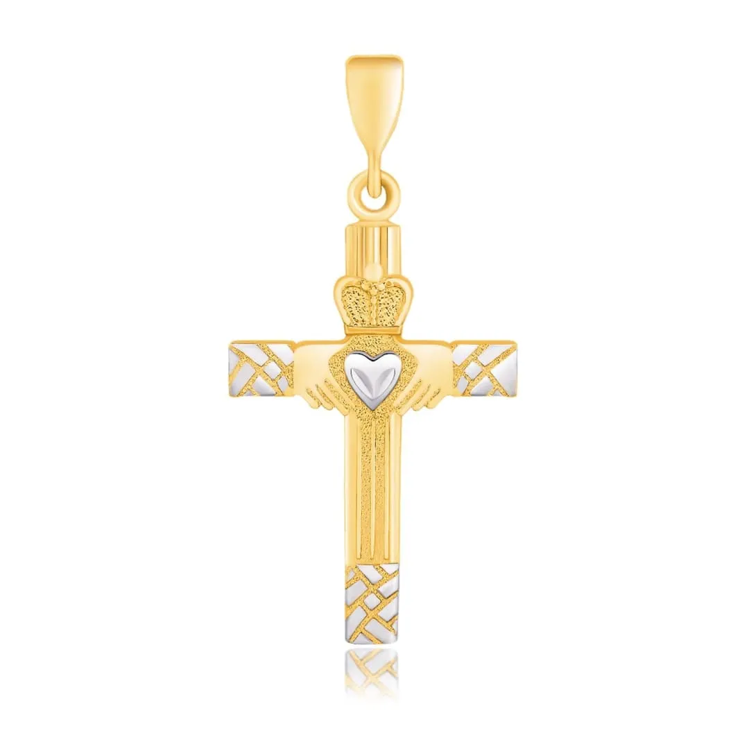 14k Two-Tone Gold Cross Pendant with a Claddagh Motif