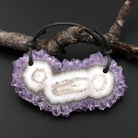 2 Hole Pendant Natural Amethyst Stalactite Flower Pendant Flat Slice Freeform One of a Kind P0117