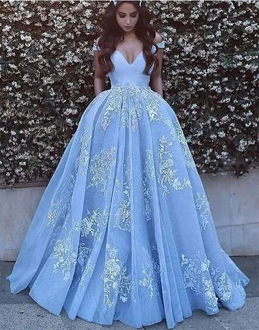 A-line off shoulder blue tulle lace appliques long prom dresses, PD7677