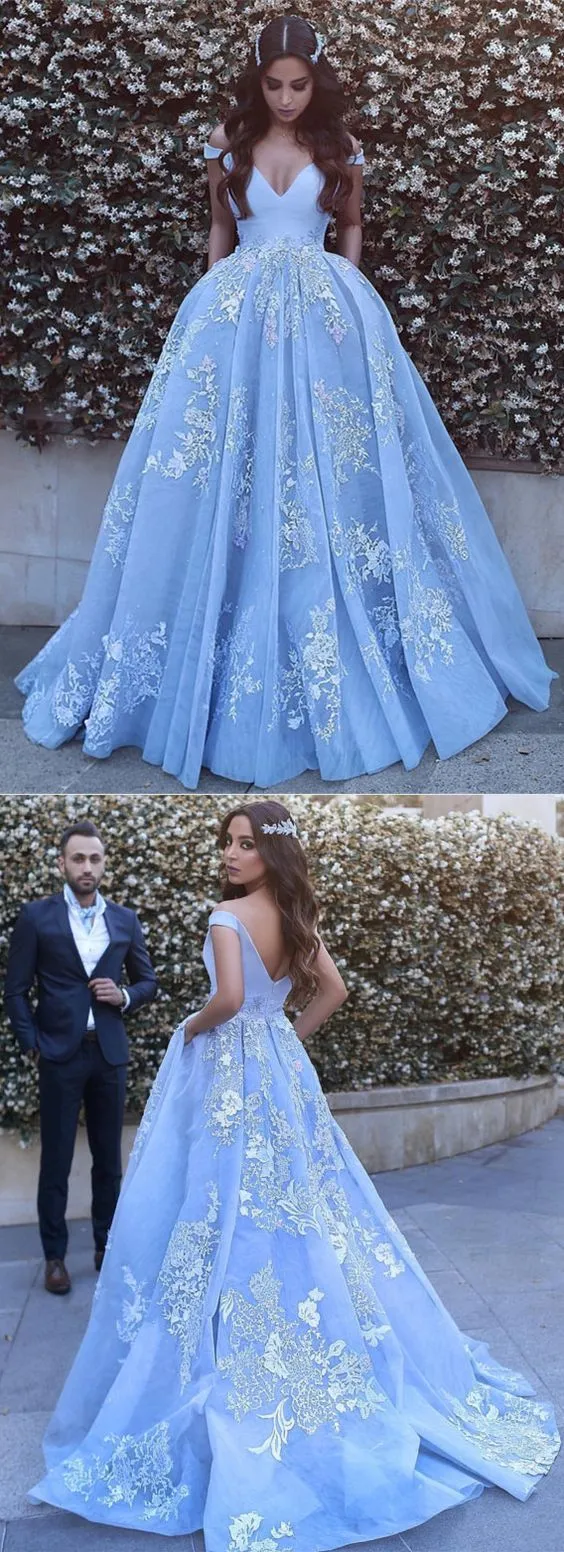 A-line off shoulder blue tulle lace appliques long prom dresses, PD7677