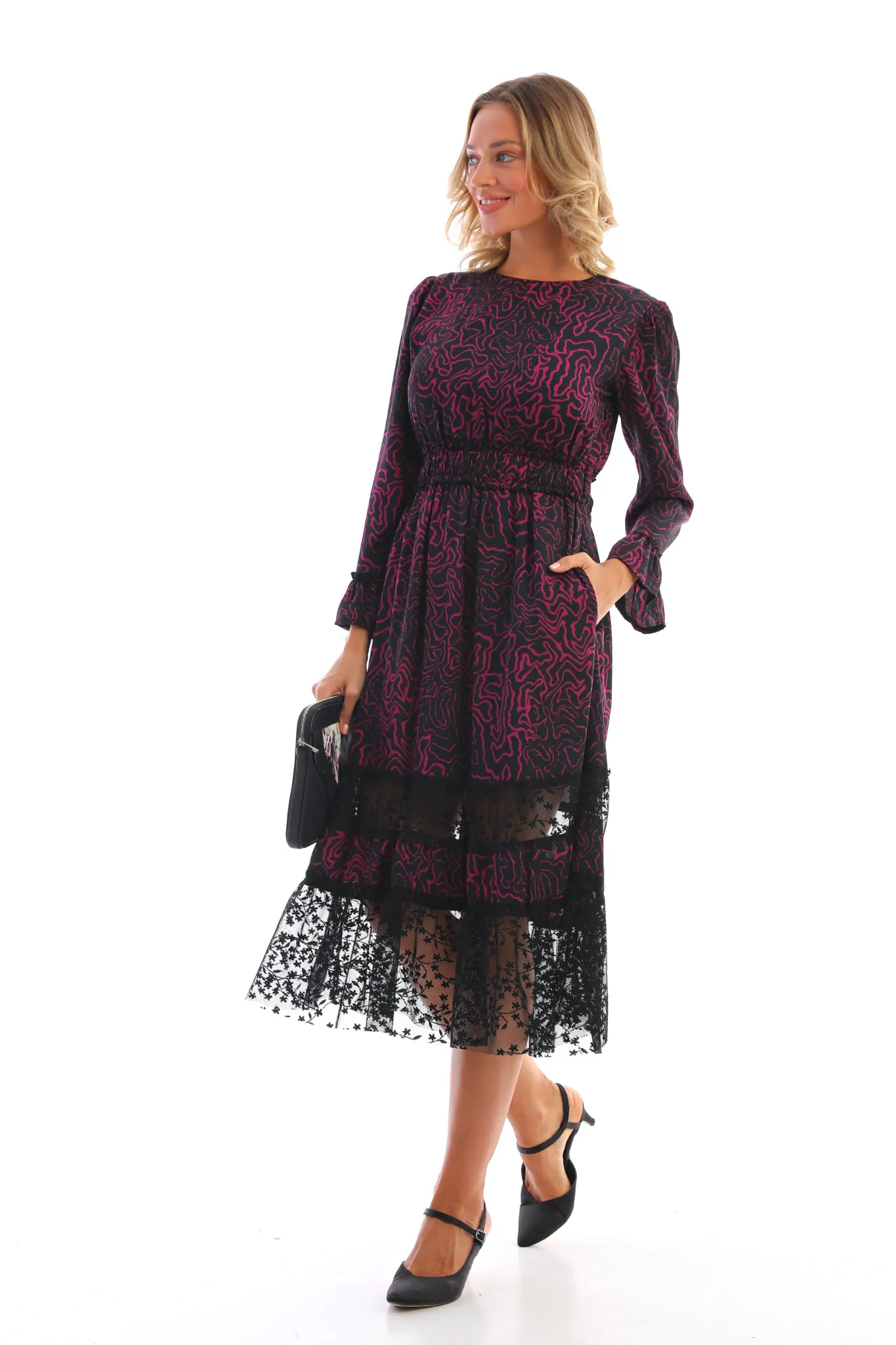 Abito midi svasato midi nero a fantasia magenta con inserto in tulle floreale