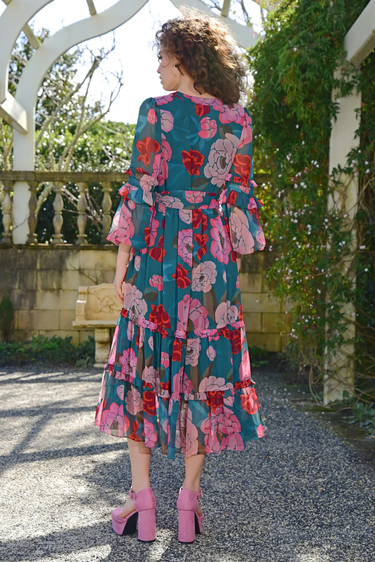 Afternoon V Green Pink Floral Maxi Dress