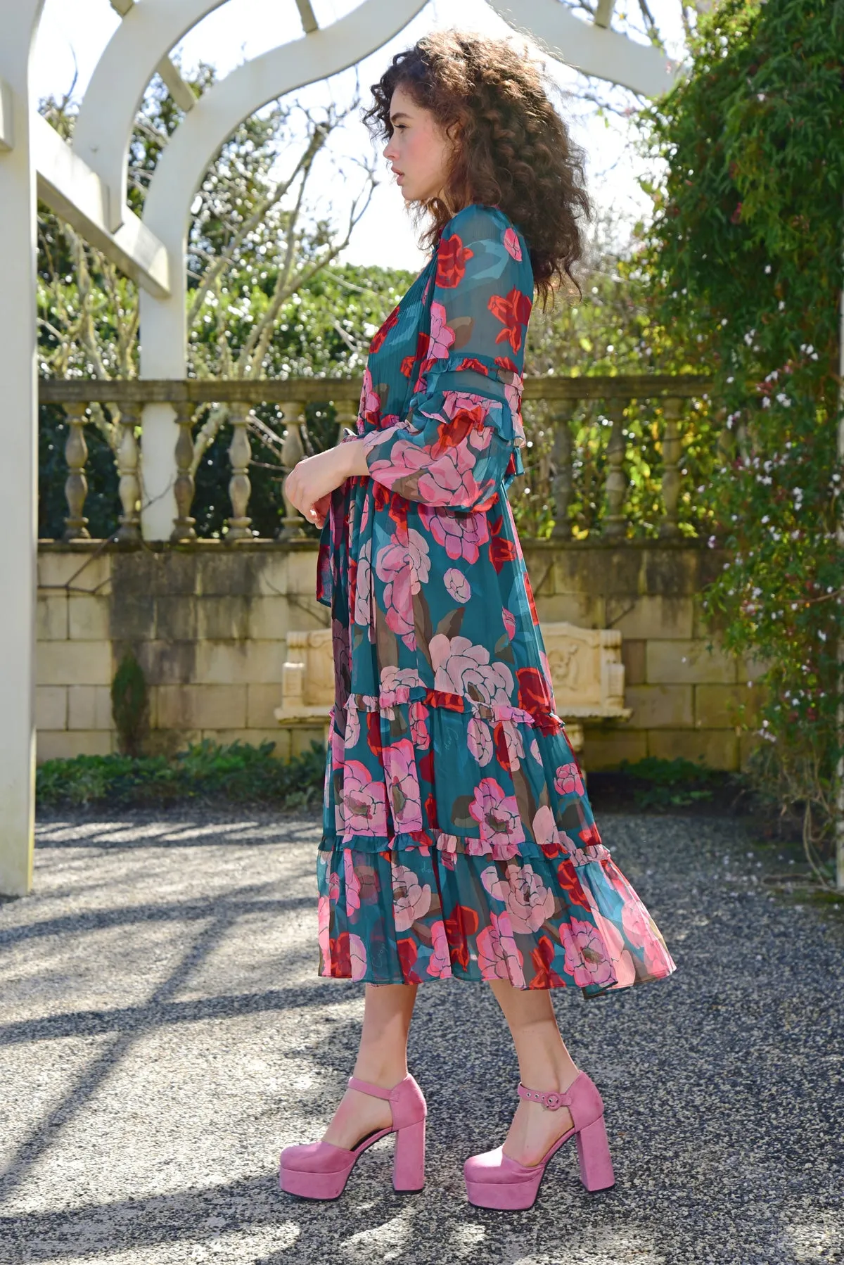 Afternoon V Green Pink Floral Maxi Dress