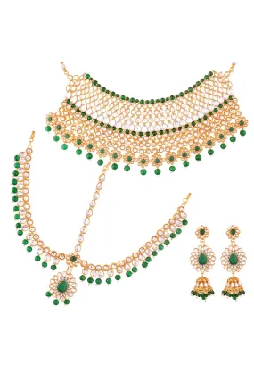 Alloy Necklace with Earrings and Maang Tikka in green