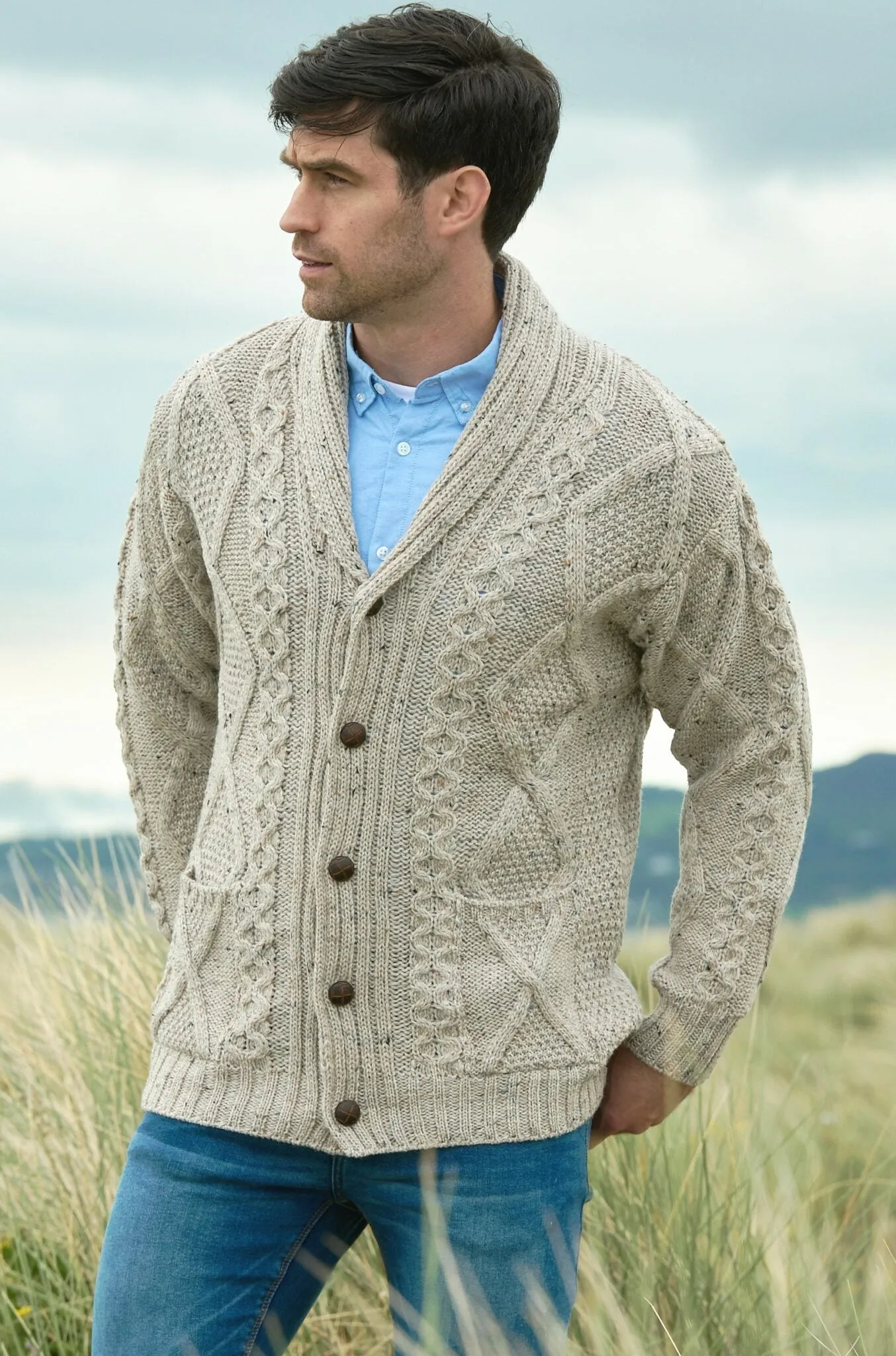 Aran - Mens Irish Button Cardigan - Oat