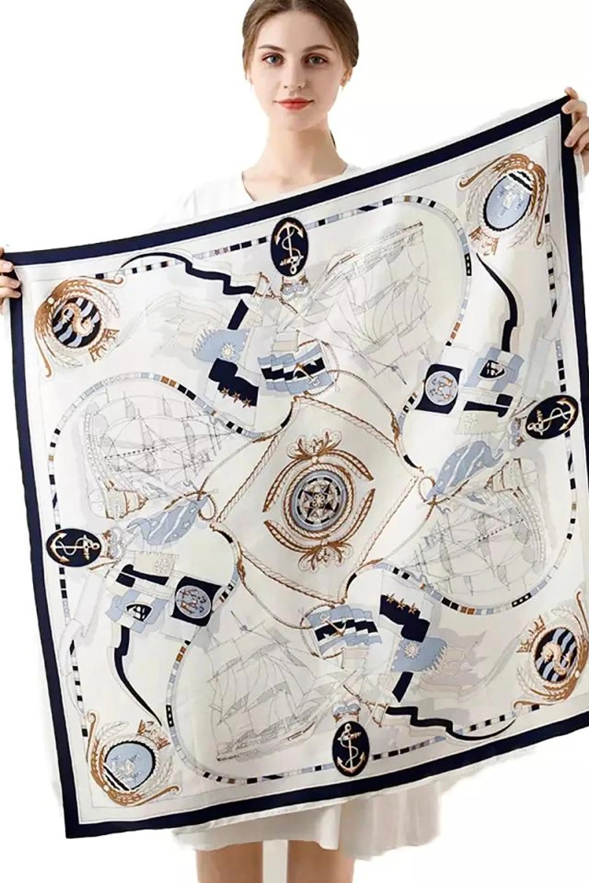 BAROQUE PRINT SILK SCARF WHITE & BLUE  DETAILS