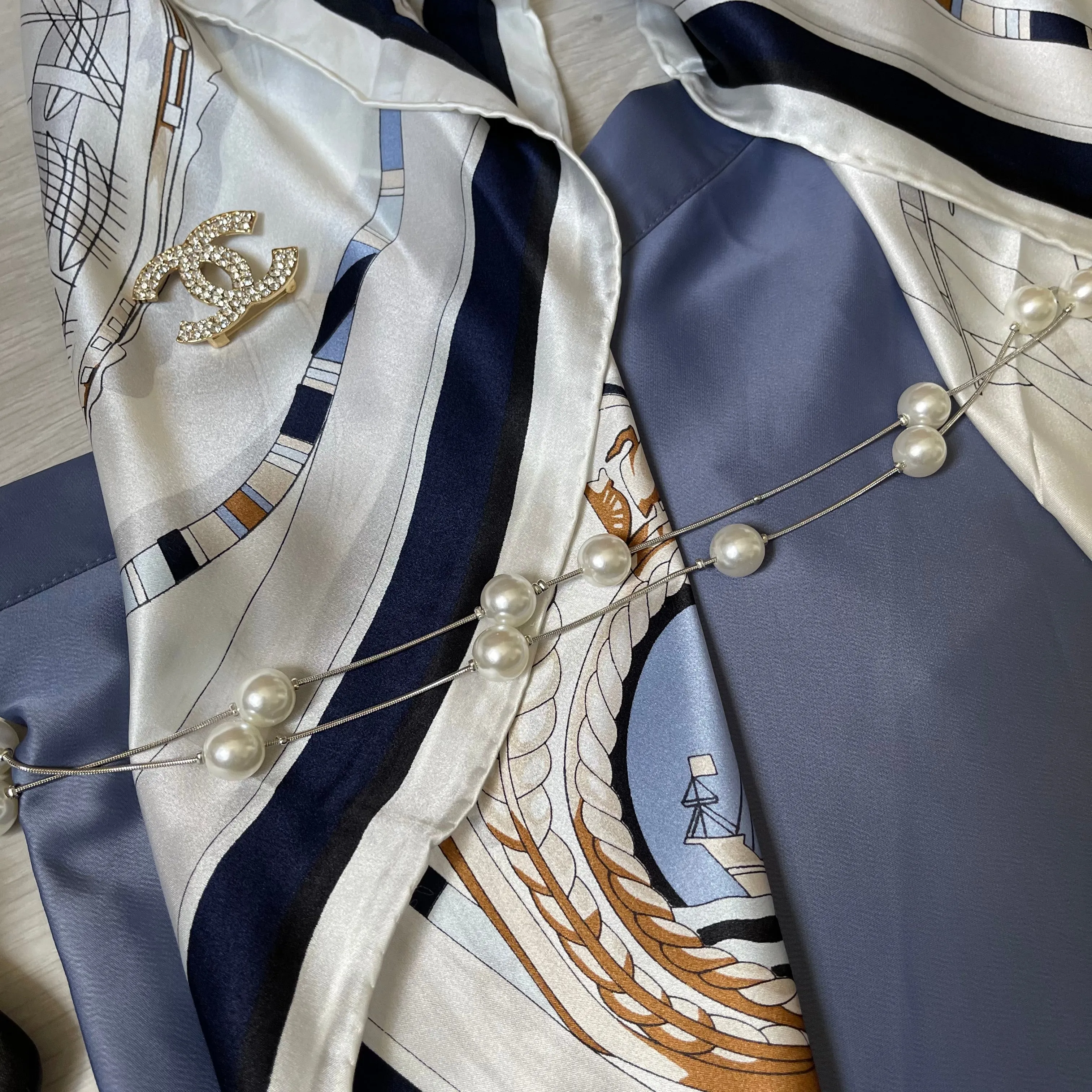 BAROQUE PRINT SILK SCARF WHITE & BLUE  DETAILS