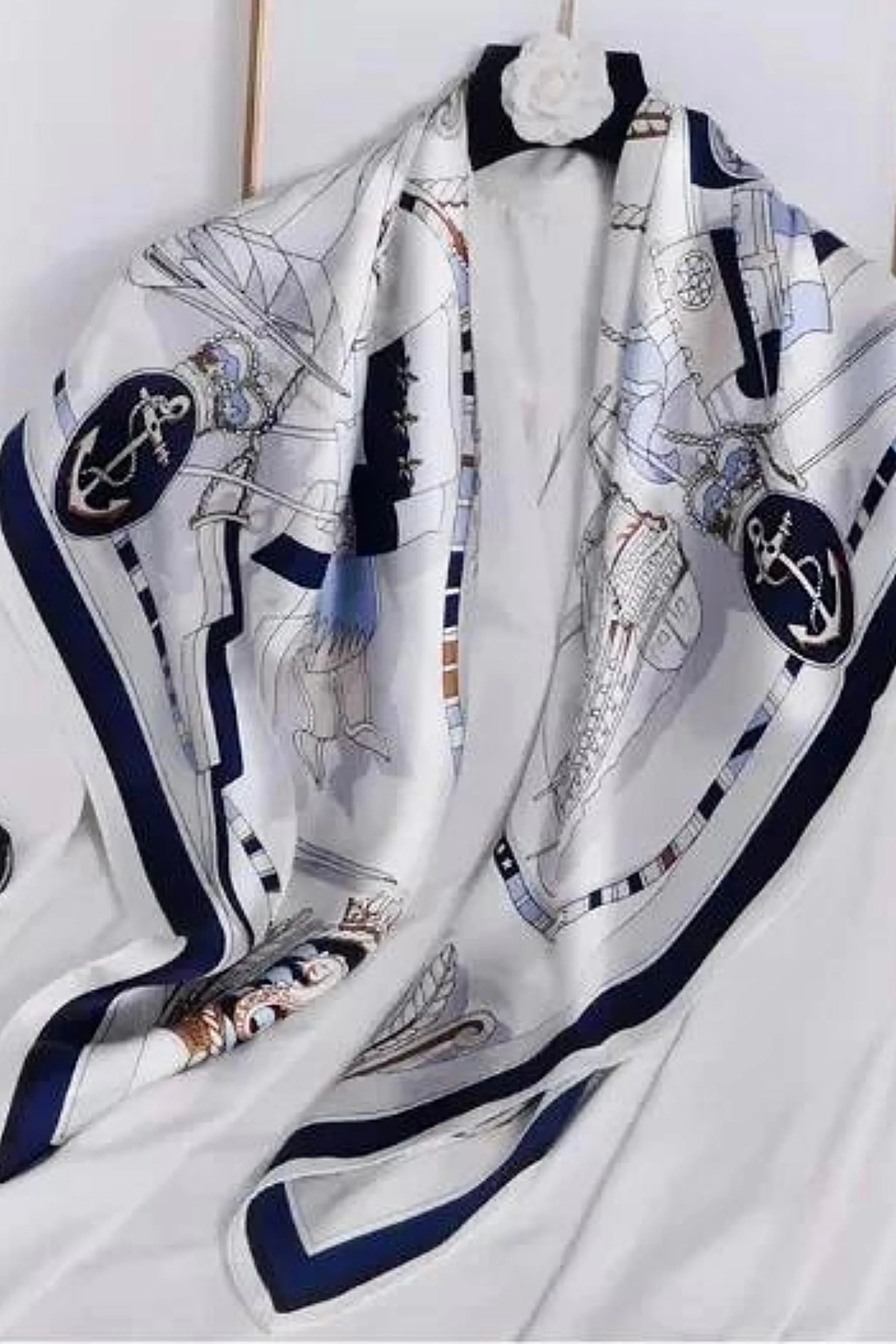 BAROQUE PRINT SILK SCARF WHITE & BLUE  DETAILS