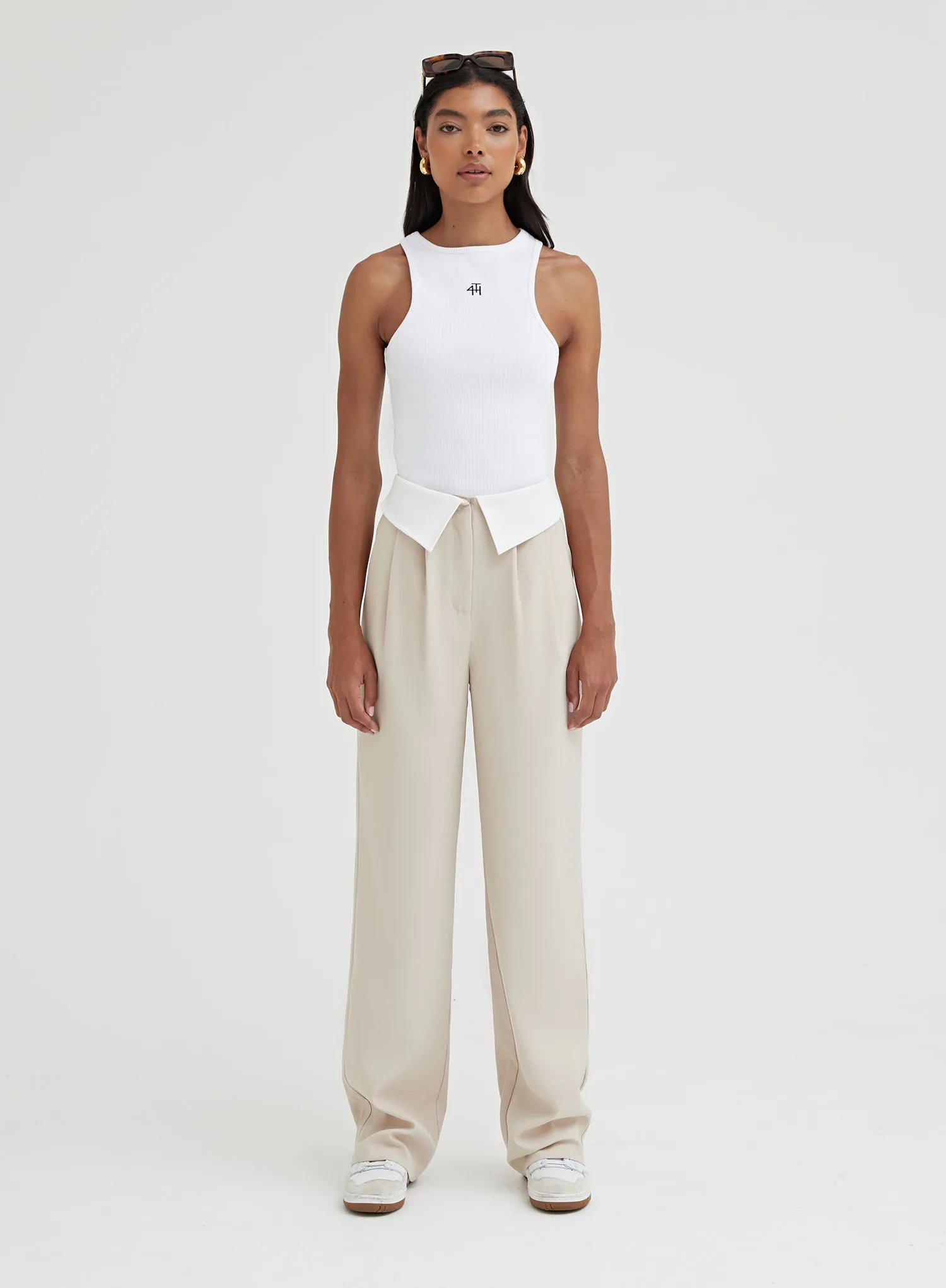 Beige Exposed Waistband Trouser - Nadia