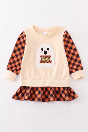 Beige plaid ghost applique girl top