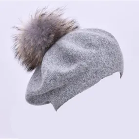 Beret with PomPom - Light Grey