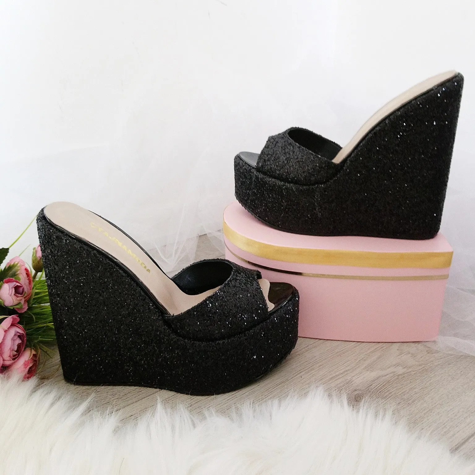 Black Shiny Peep Toe High Heel Wedge Mules