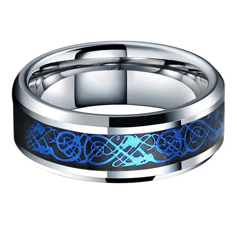 Blue Celtic Dragon Inlay Wedding Ring in Polished Silver Tungsten (8mm)