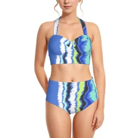 Blue Green Women's Swimsuit Set With Halter AOP