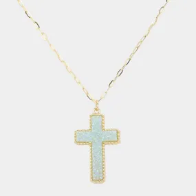 Blue Opal Druzy Cross Pendant Necklace