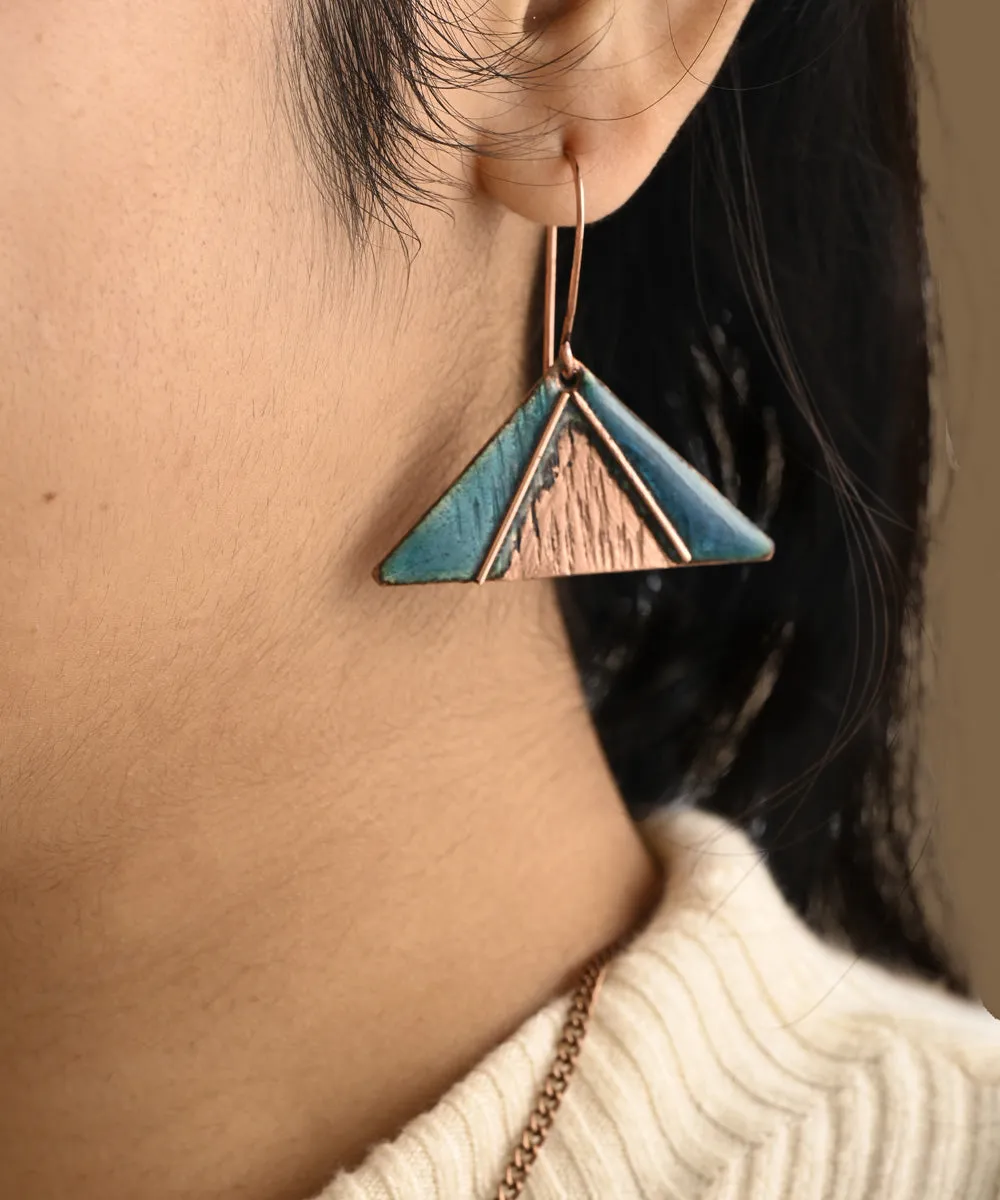 Blue triangle handcrafted copper enamel earring