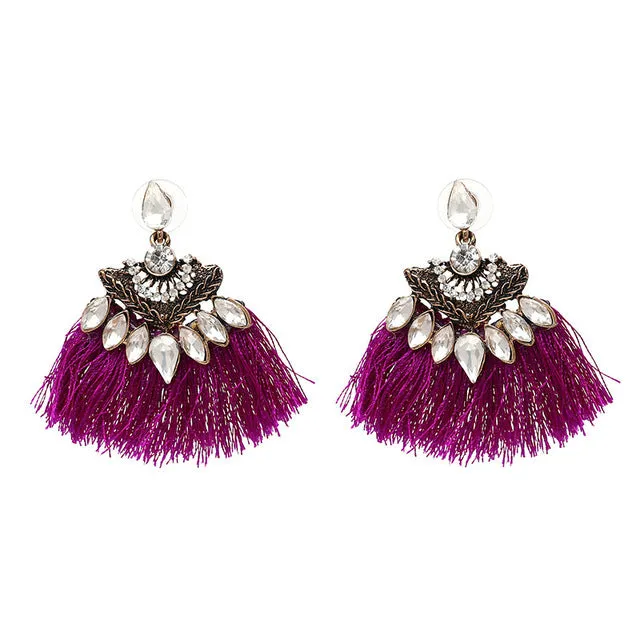 Bohemia Dangle Drop Earrings Women Accessories Fan Shaped Cotton Handmade Tassels Fringed Earrings Ethnic Jewelry