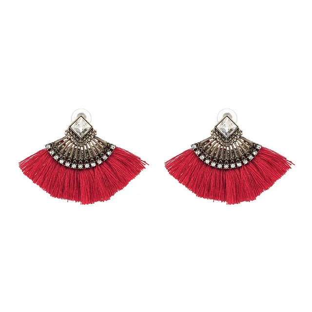 Bohemia Dangle Drop Earrings Women Accessories Fan Shaped Cotton Handmade Tassels Fringed Earrings Ethnic Jewelry