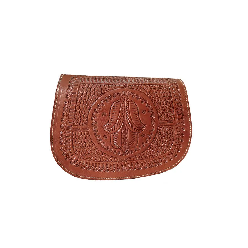 Brown Leather Cross Body Bag with Hamsa Engraving