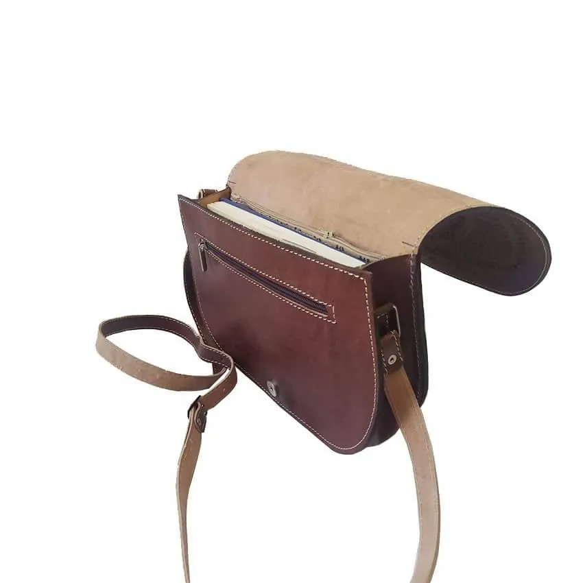 Brown Leather Cross Body Bag with Hamsa Engraving