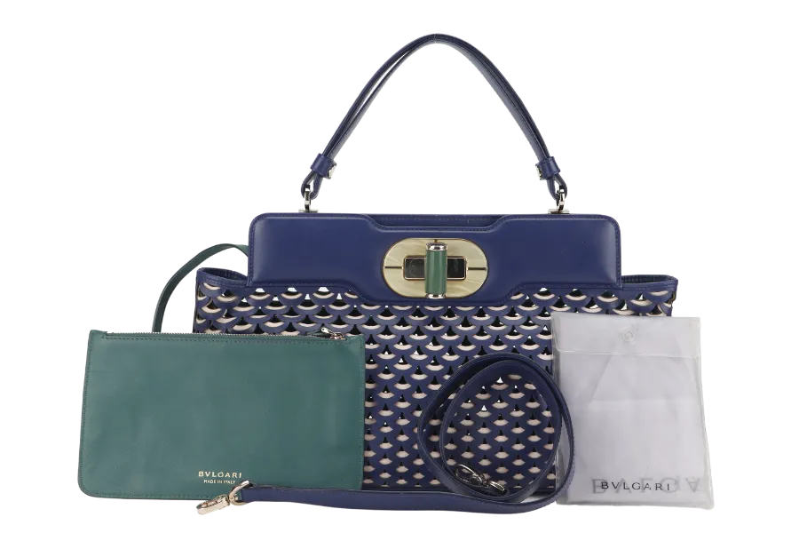 BVLGARI ISABELLA ROSSELLINI DIVA MONOGRAM BLUE &amp; WHITE LEATHER GOLD HARDWARE 19549865 WITH STRAP