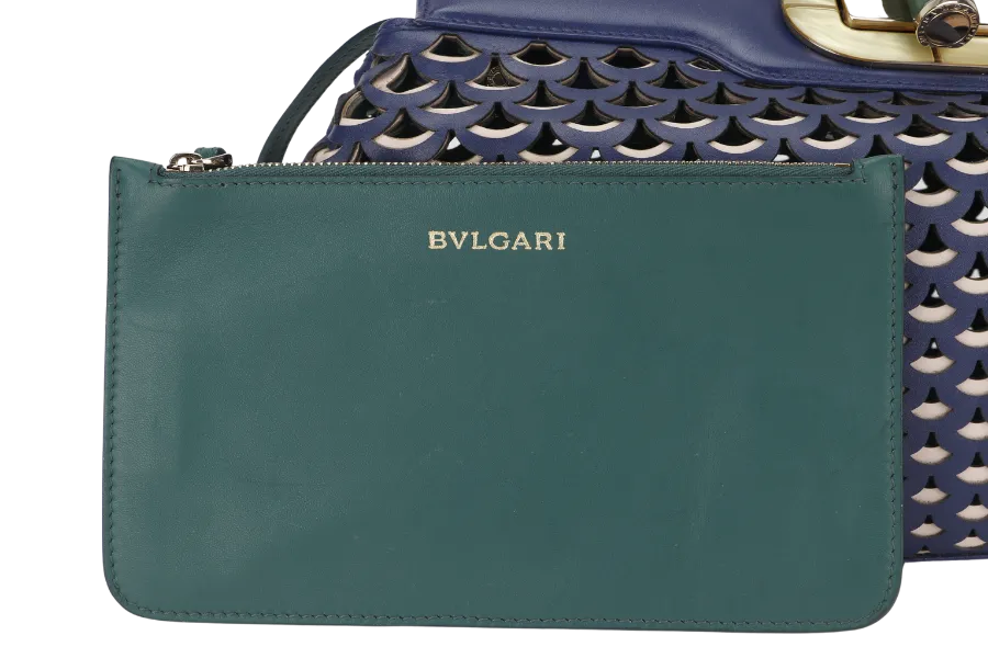 BVLGARI ISABELLA ROSSELLINI DIVA MONOGRAM BLUE &amp; WHITE LEATHER GOLD HARDWARE 19549865 WITH STRAP