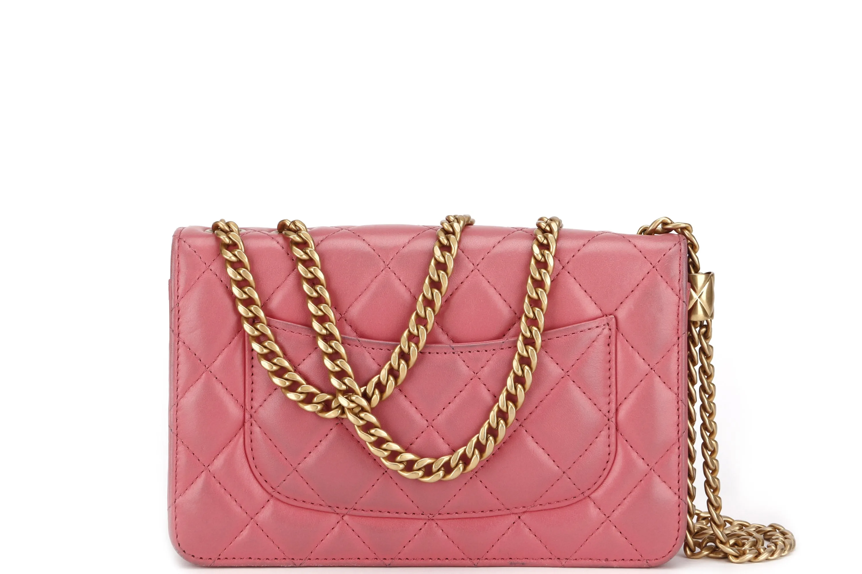 CHANEL PILLOW CRUSH WALLET ON CHAIN (A7U5xxxx) PINK LAMBSKIN GOLD HARDWARE, WITH DUST COVER BOX