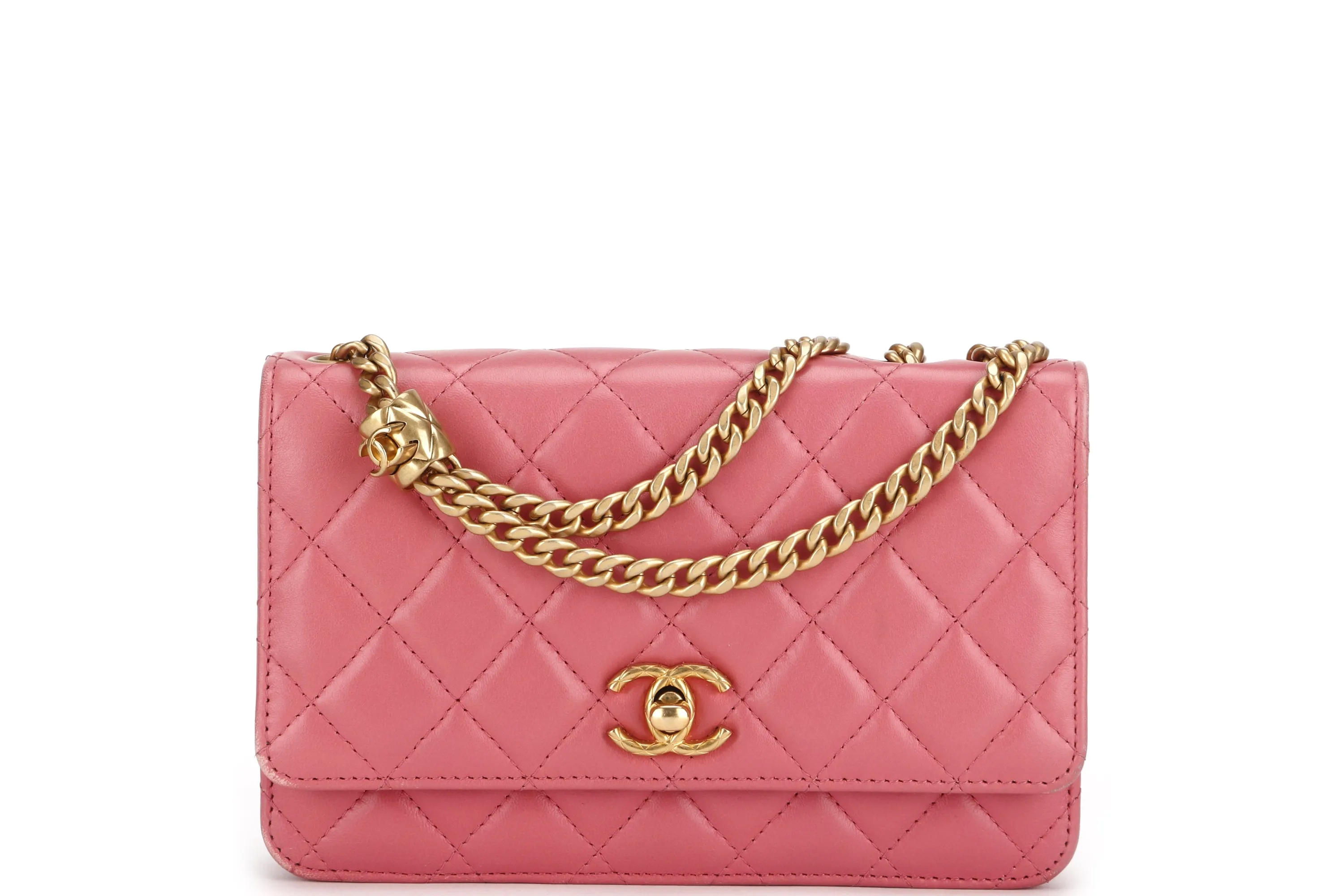 CHANEL PILLOW CRUSH WALLET ON CHAIN (A7U5xxxx) PINK LAMBSKIN GOLD HARDWARE, WITH DUST COVER BOX