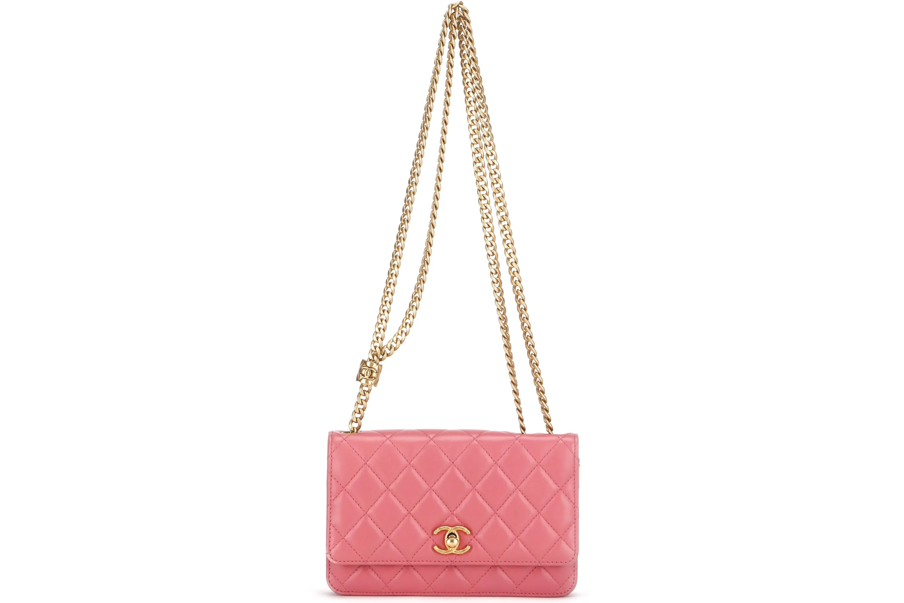 CHANEL PILLOW CRUSH WALLET ON CHAIN (A7U5xxxx) PINK LAMBSKIN GOLD HARDWARE, WITH DUST COVER BOX