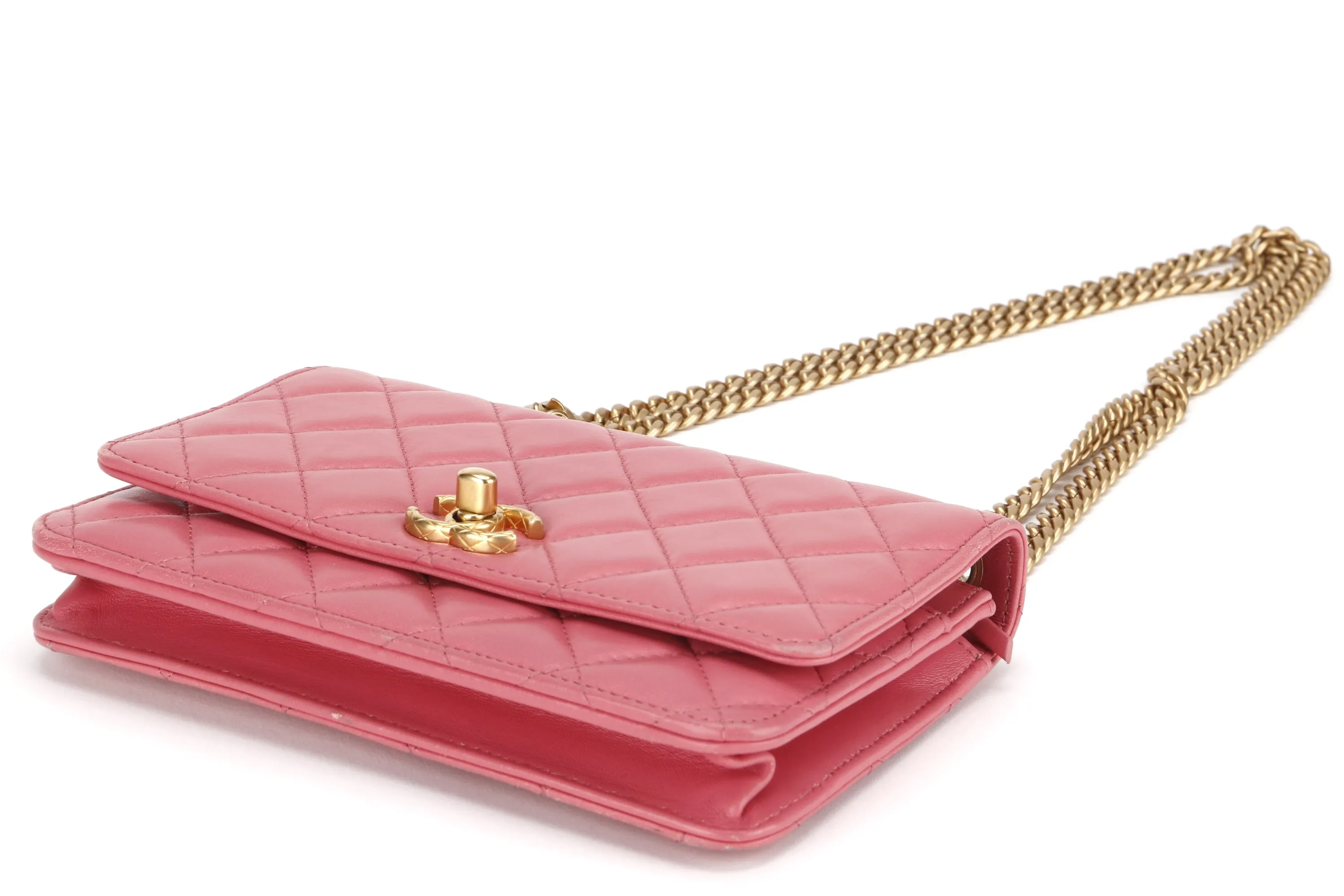 CHANEL PILLOW CRUSH WALLET ON CHAIN (A7U5xxxx) PINK LAMBSKIN GOLD HARDWARE, WITH DUST COVER BOX