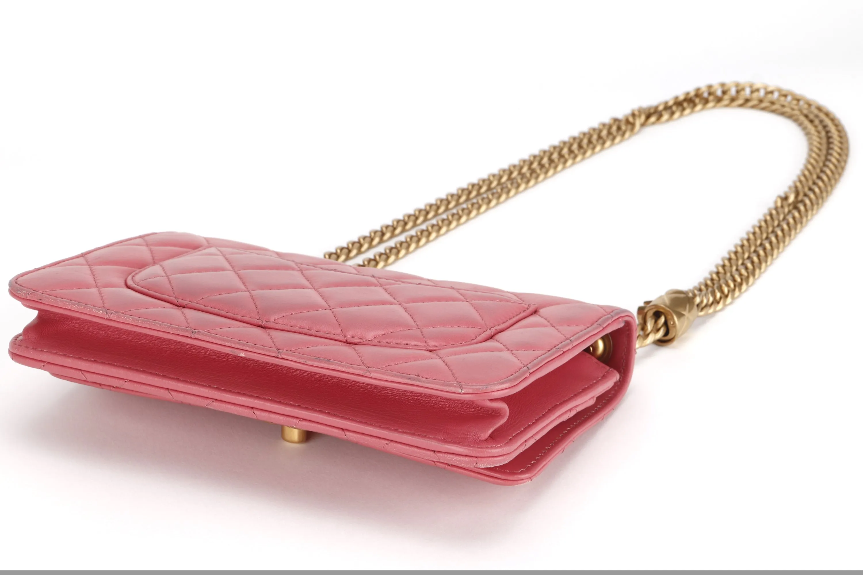 CHANEL PILLOW CRUSH WALLET ON CHAIN (A7U5xxxx) PINK LAMBSKIN GOLD HARDWARE, WITH DUST COVER BOX