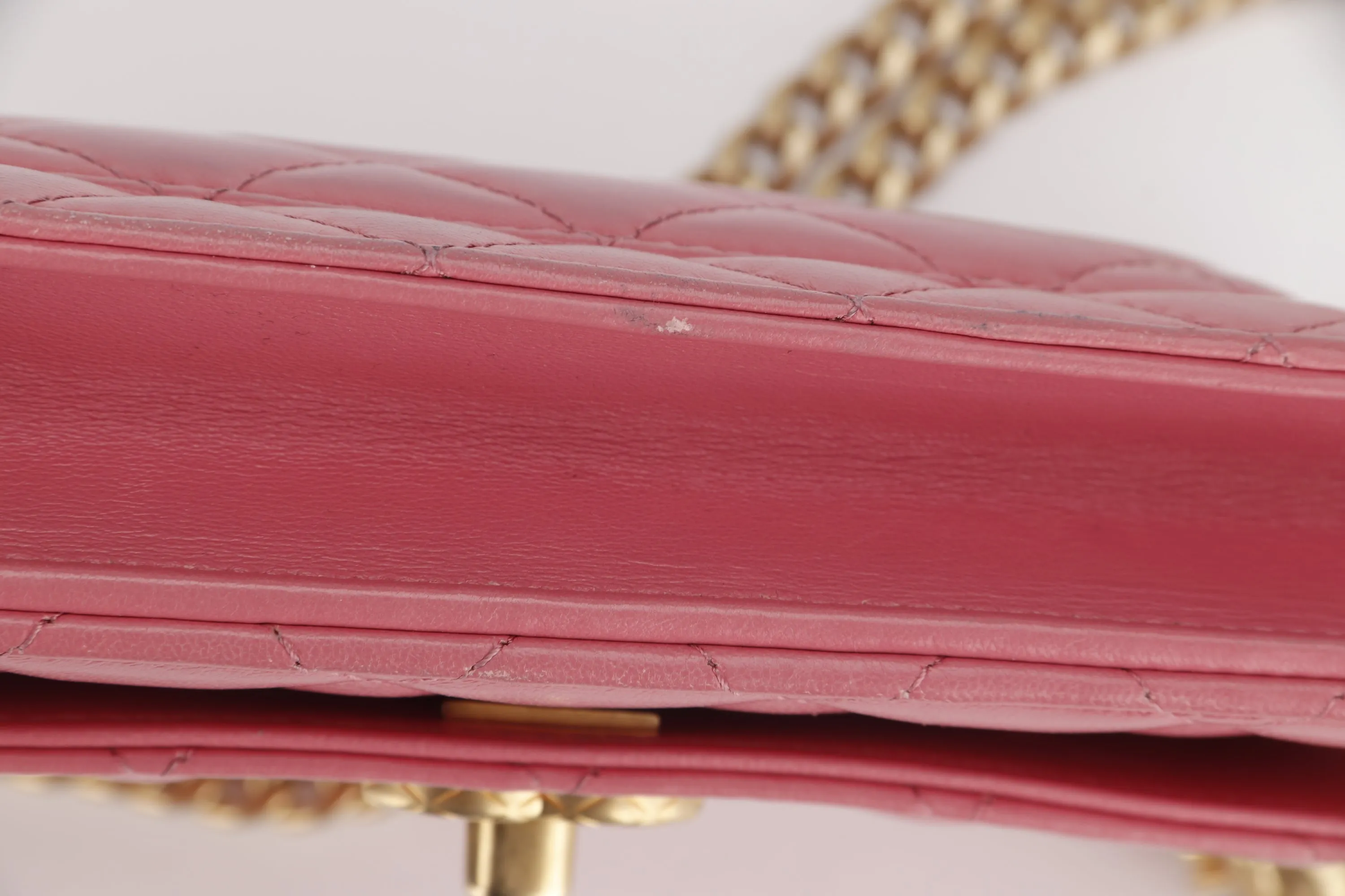 CHANEL PILLOW CRUSH WALLET ON CHAIN (A7U5xxxx) PINK LAMBSKIN GOLD HARDWARE, WITH DUST COVER BOX