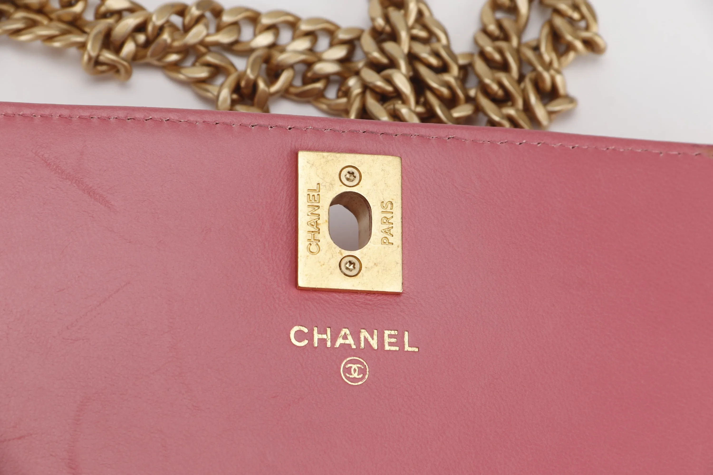 CHANEL PILLOW CRUSH WALLET ON CHAIN (A7U5xxxx) PINK LAMBSKIN GOLD HARDWARE, WITH DUST COVER BOX