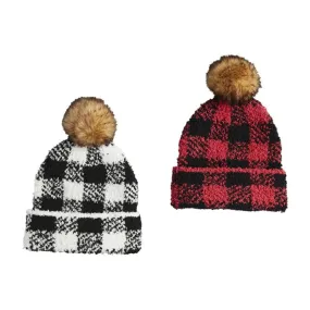 Chenille Red Buffalo Check Plaid Stocking Hat