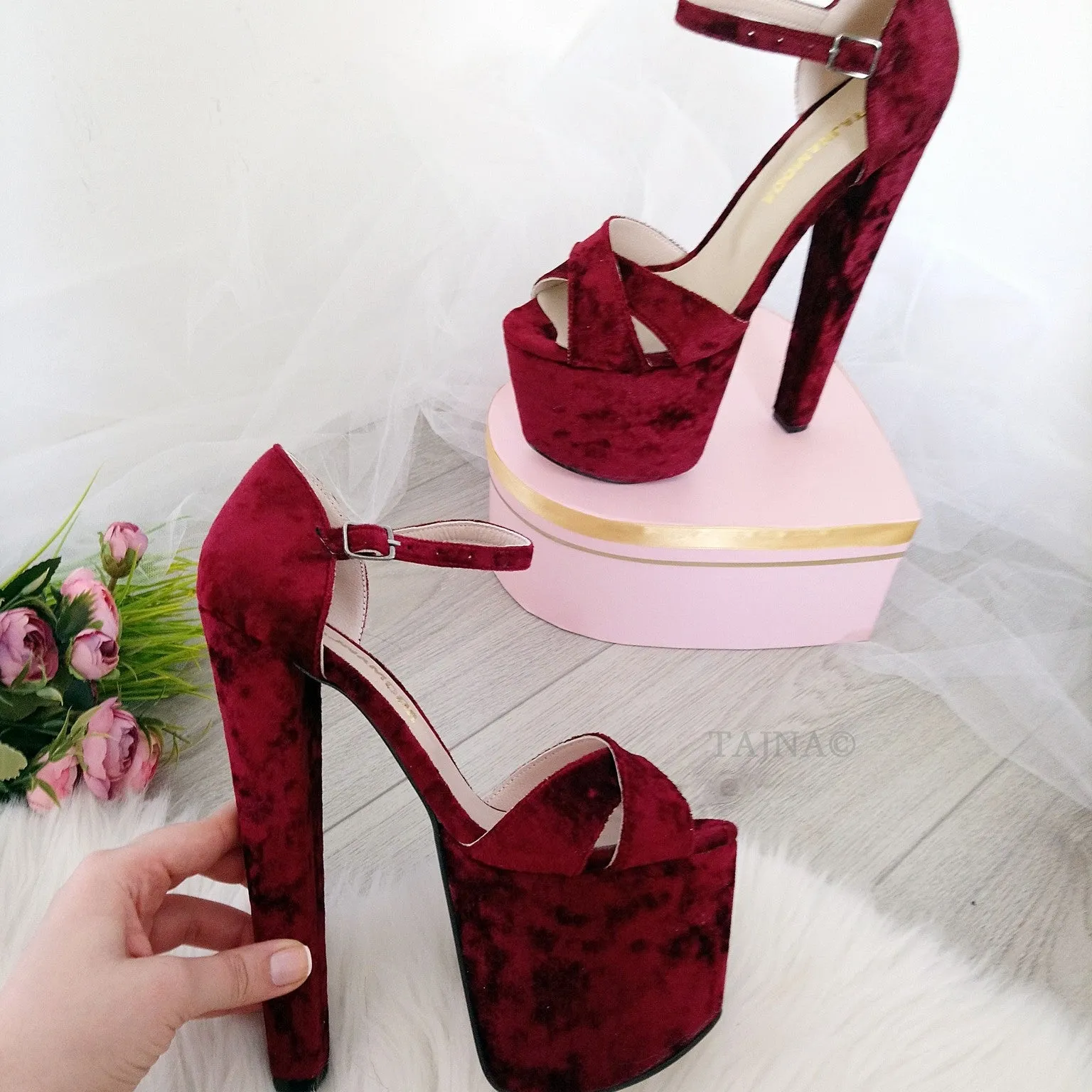 Claret Red Cross Strap Peep Toe High Heel Platform Shoes