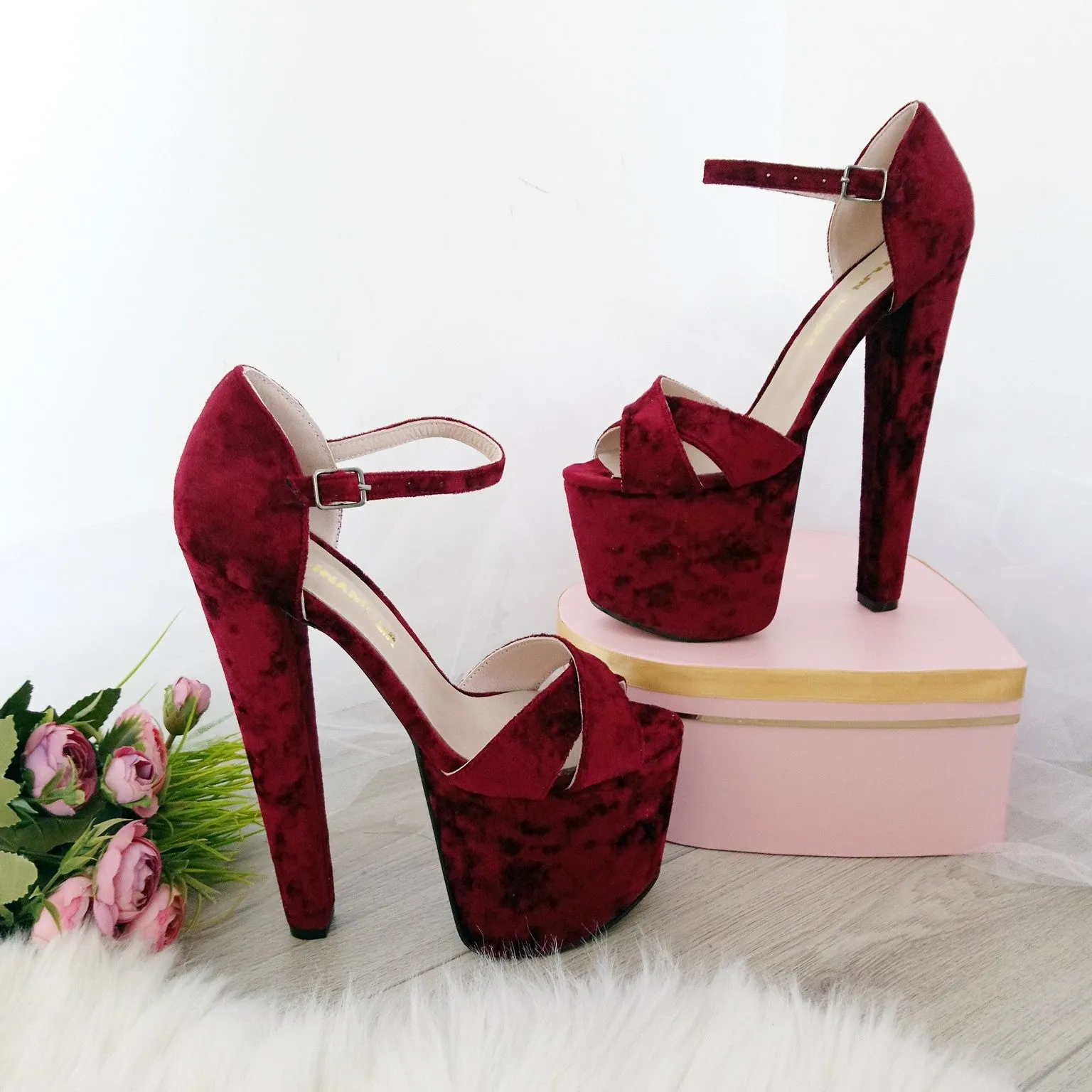 Claret Red Cross Strap Peep Toe High Heel Platform Shoes