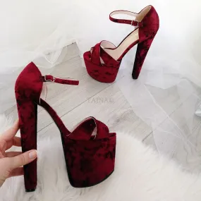 Claret Red Cross Strap Peep Toe High Heel Platform Shoes