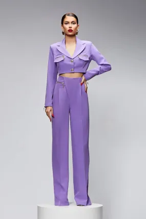 Completo tailleur lilla lavanda Bby giacca corta e pantaloni a gamba larga