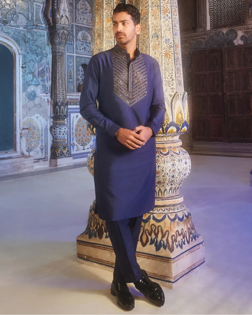 Dark Blue Placket Embroidered Kurta Set