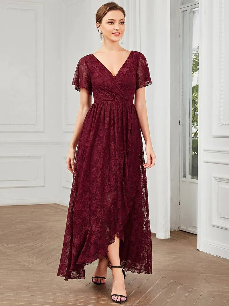 Deep V Neck Short See Through Sleeves A Line Bridesmaid Dress