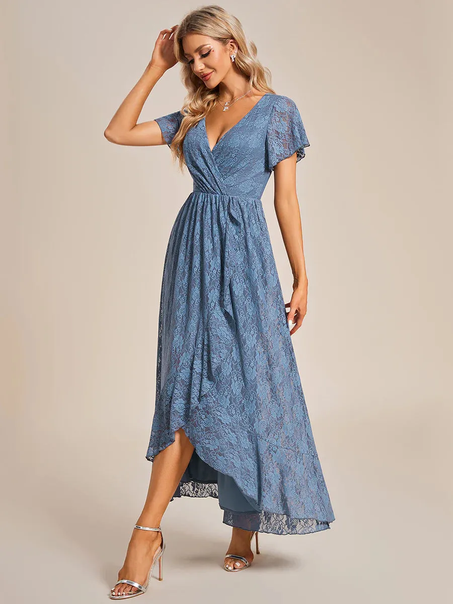 Deep V Neck Short See Through Sleeves A Line Bridesmaid Dress