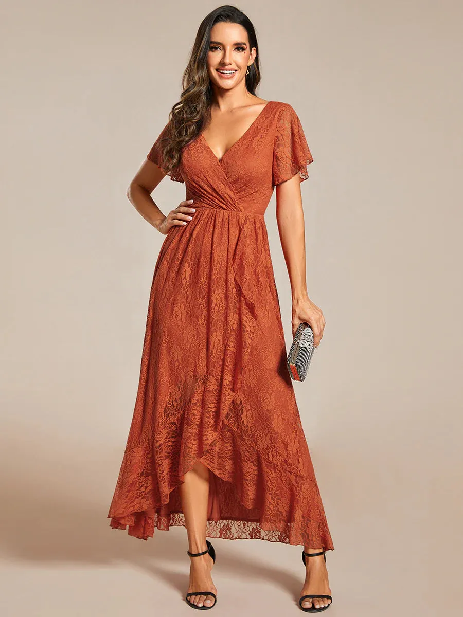 Deep V Neck Short See Through Sleeves A Line Bridesmaid Dress