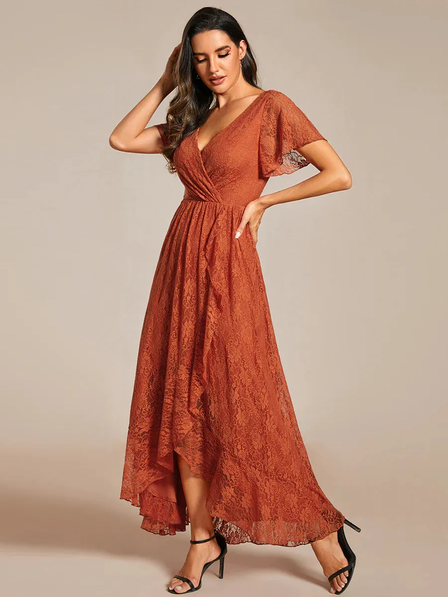 Deep V Neck Short See Through Sleeves A Line Bridesmaid Dress