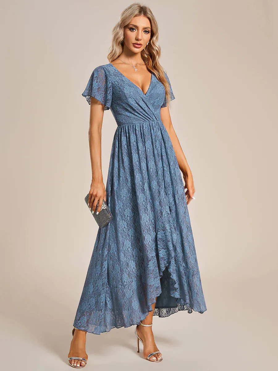 Deep V Neck Short See Through Sleeves A Line Bridesmaid Dress