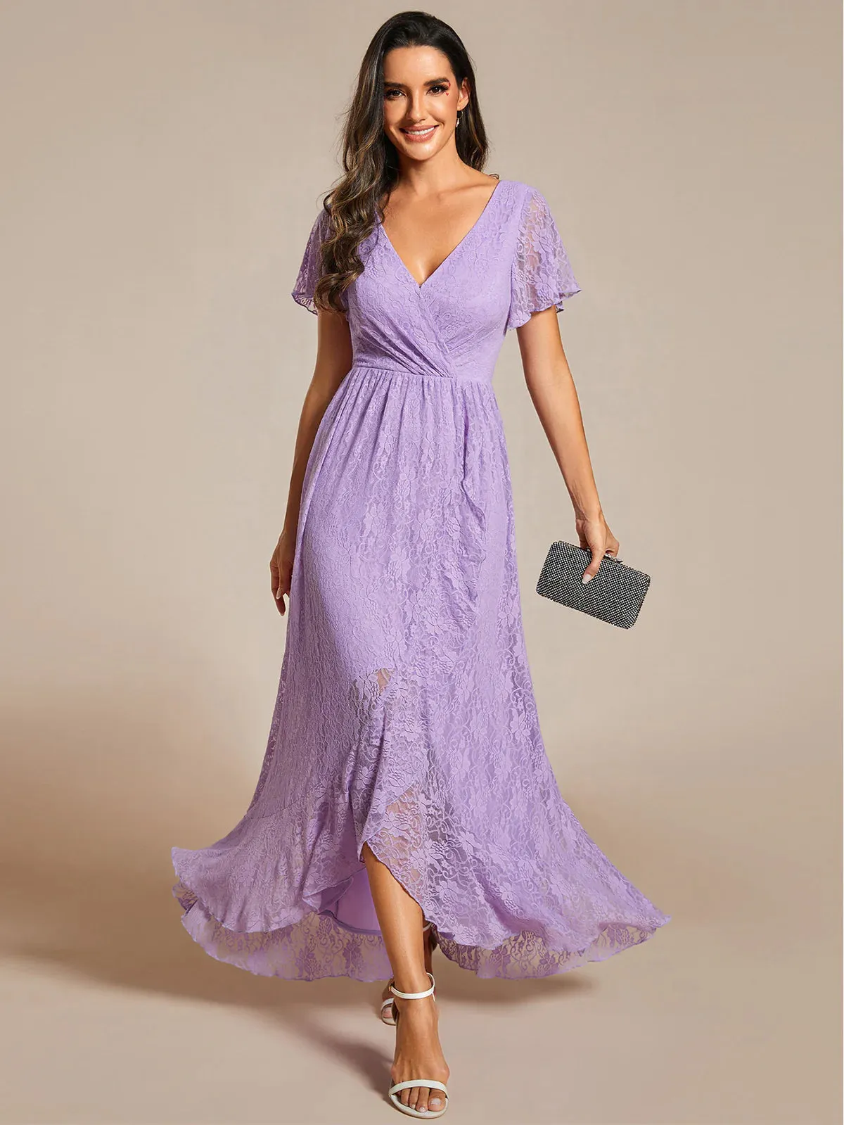 Deep V Neck Short See Through Sleeves A Line Bridesmaid Dress