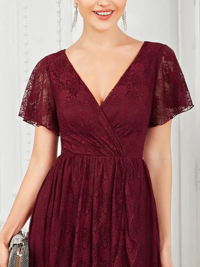 Deep V Neck Short See Through Sleeves A Line Bridesmaid Dress