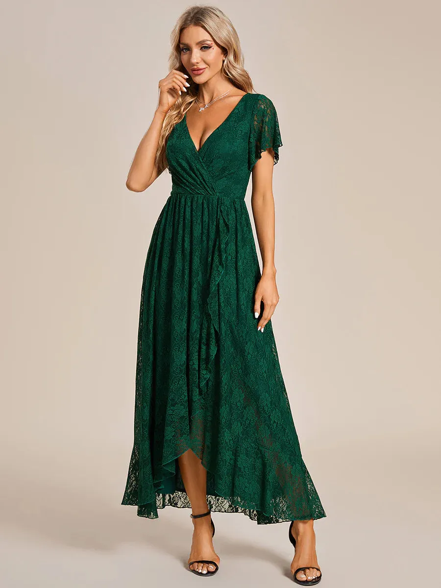 Deep V Neck Short See Through Sleeves A Line Bridesmaid Dress