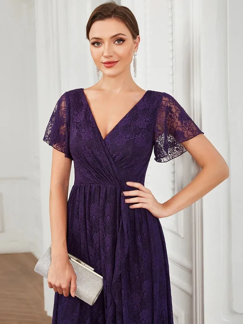 Deep V Neck Short See Through Sleeves A Line Bridesmaid Dress