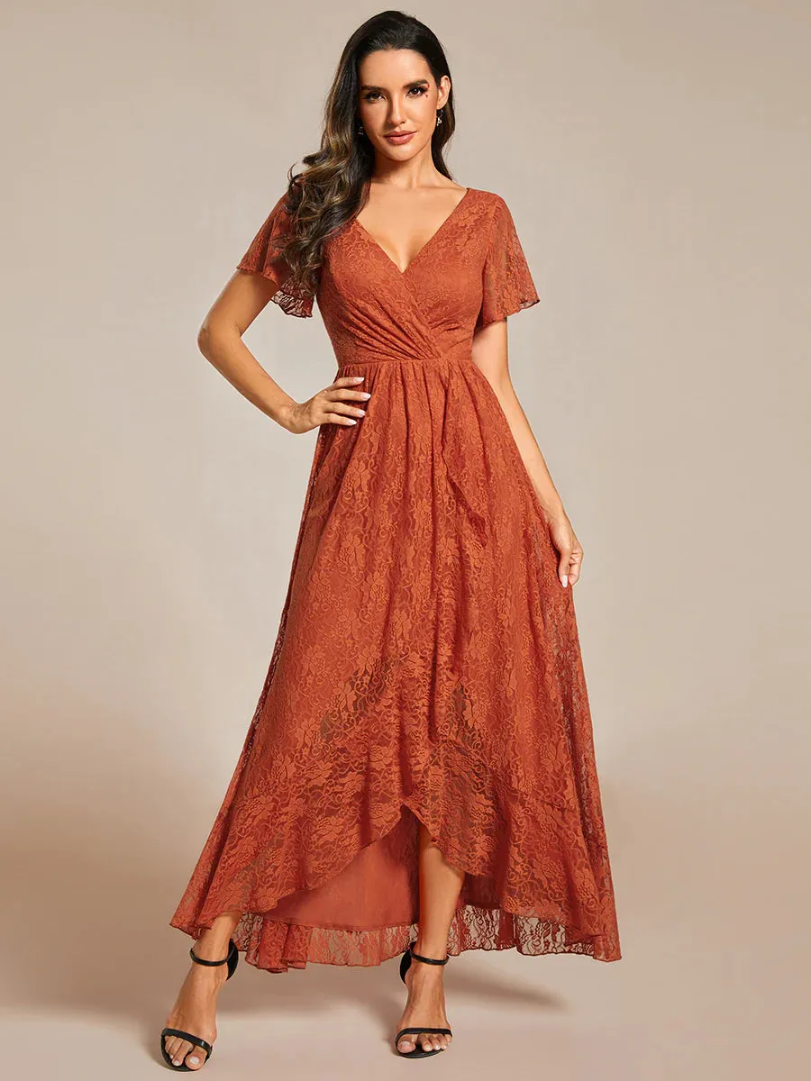 Deep V Neck Short See Through Sleeves A Line Bridesmaid Dress