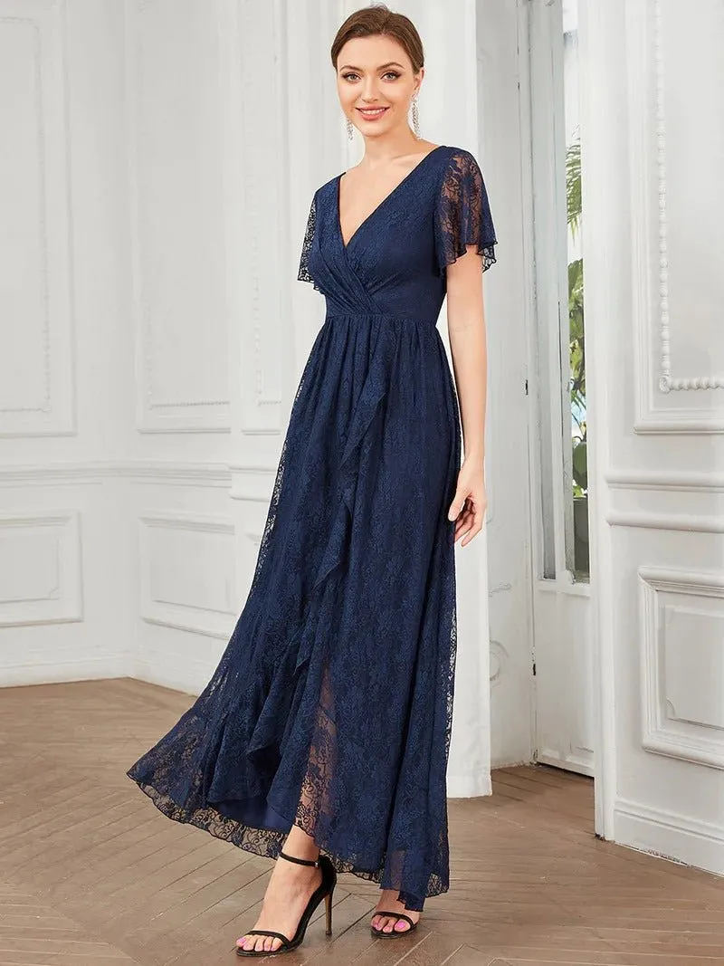 Deep V Neck Short See Through Sleeves A Line Bridesmaid Dress